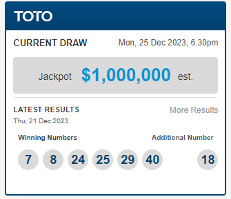 【Singapore】久々の繰越$10,000,000。今週木曜toto。 20231222 toto
