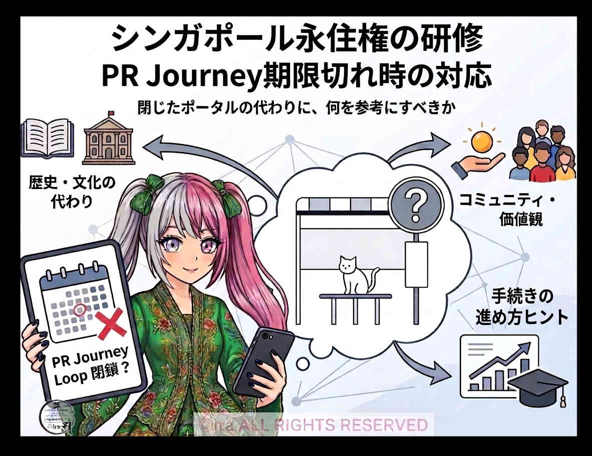 まはらじまのキャラクターhanaがスマホをもってシンガポールの永住権研修『PR Journy」を説明：シンガポール永住権・知財の修士号をもつ、国際離島漫画家Ira(アイラ)。『まはらじま(MAHARAJIMA)」考察